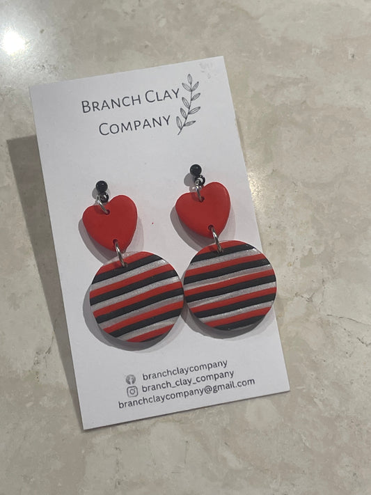 Branch Clay Red Heart & Striped Earrings